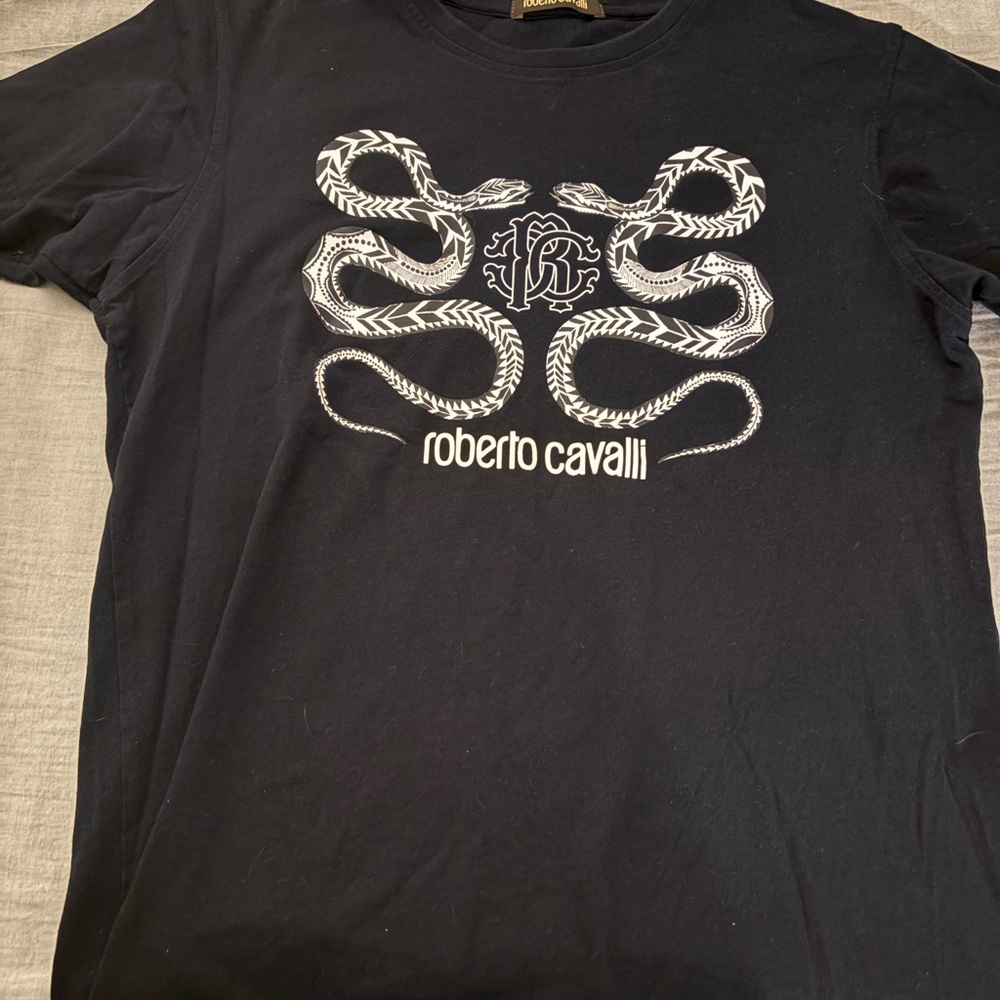 Roberto Cavalli Black Tee with White Snake Motif